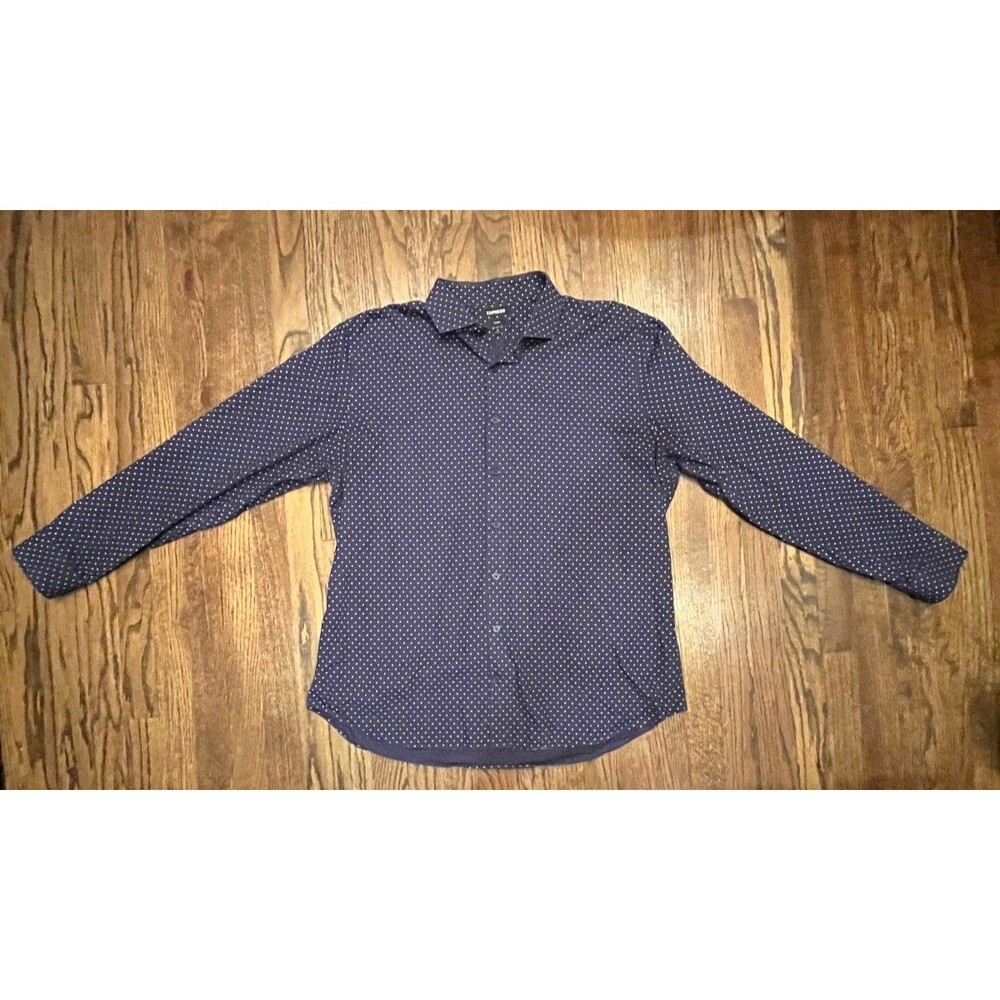 Express Button Up Shirt Mens Size XL 17-17.5 Navy Blue White Polka Dot Pattern